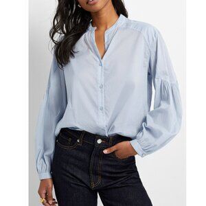 Express Linen blend Drop shoulder balloon sleeve Henley collar button up top szM